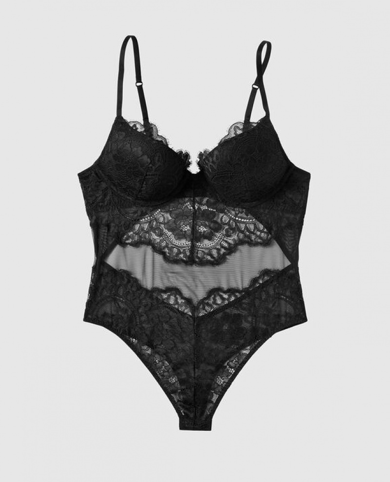 La Senza Push Up Lace Bodysuit Women\'s Lingerie Black | kLBhWqqc