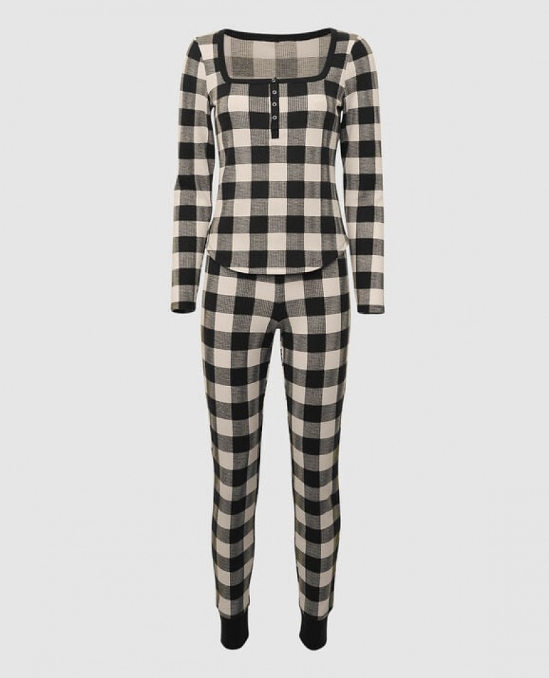 La Senza Waffle Henley Women's Sleepwear Festive Check | ySUBBmX0